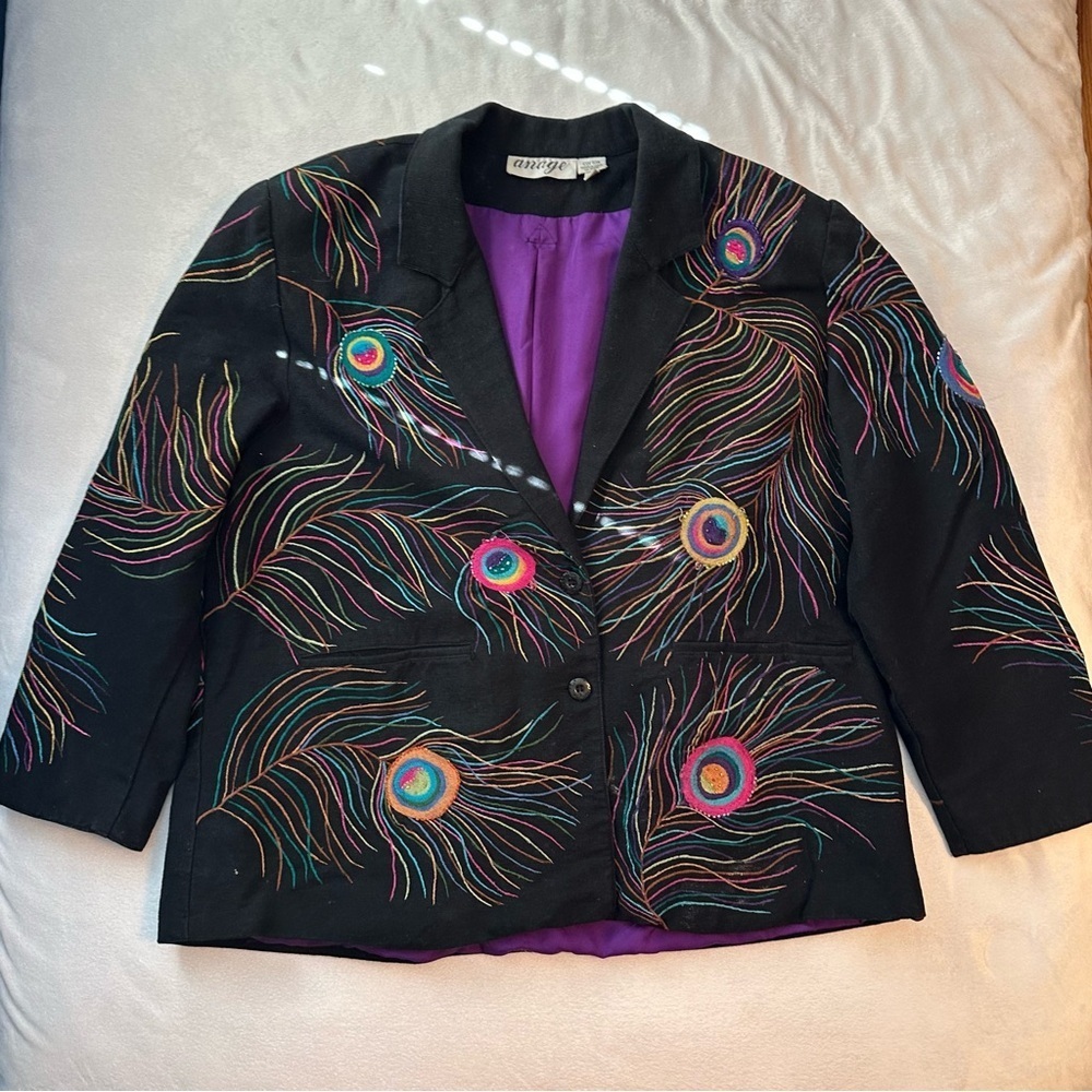 SOLD. Vintage Anage Peacock Feather Embroidered Beaded Blazer Jacket 1XL B